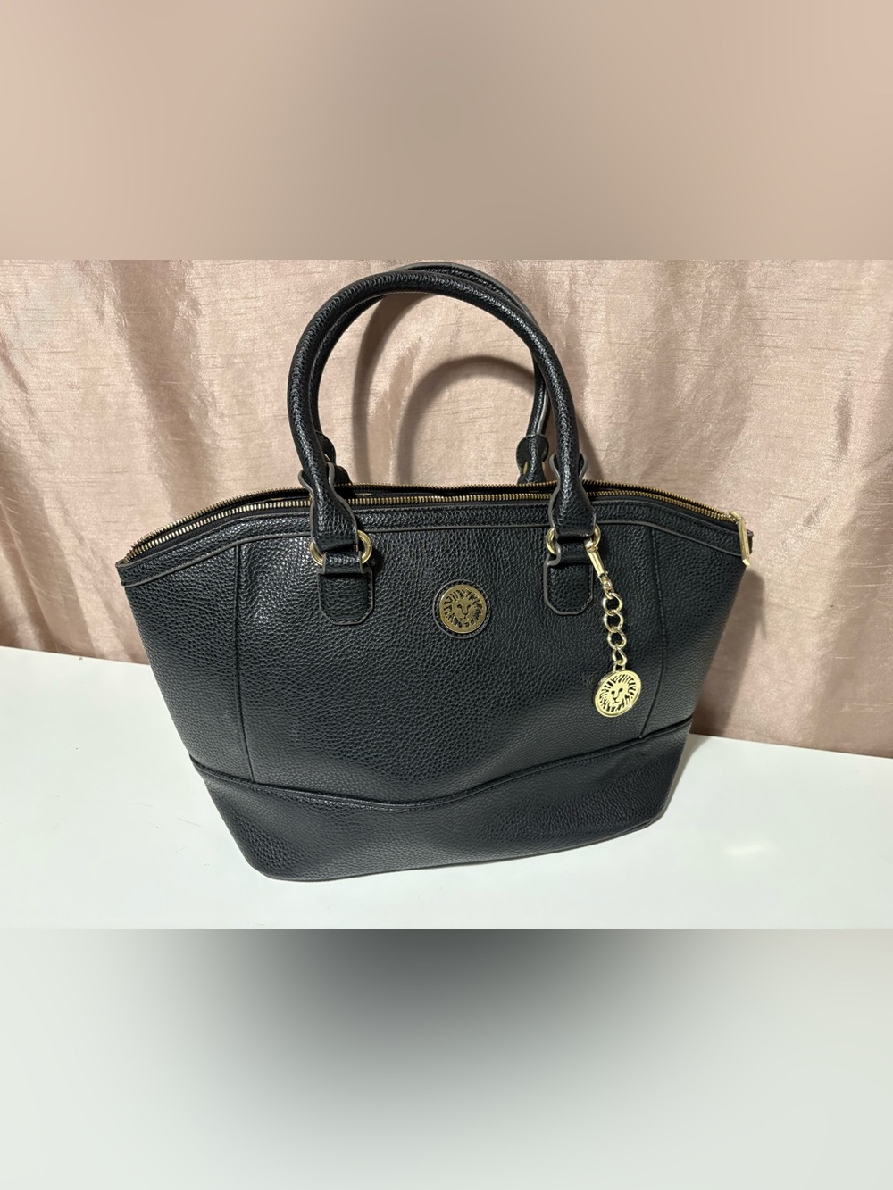 Anne Klein Pebbled Shoulder Bag Black Gold-Tone Hardwear  Shoulder Strap
